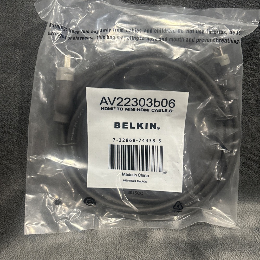 Belkin 6 ft‎ HDMI to Mini-HDMI HDMI-Mini Male Cable AV22303b06 NEW in Sealed Bag